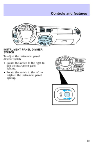 SEEK
 
TUNE SCAN 
MIRROR 
0 0 0 0 0 0 
40 
30 
140 
E F C H 
OFF 
MIST 
OFF 
INSTRUMENT PANEL DIMMER 
SWITCH 
To adjust the instrument panel 
dimmer switch: 
² Rotate the switch to the right to 
dim the instrument panel 
lighting. 
² Rotate the switch to the left to 
brighten the instrument panel 
lighting. 
HI 
LO 
OFF 
*A/C 
*MAX
 
A/C 
TUNE
 
DISCS
 
EJ REW FF 
Controls and features 
BASS TREB 
BAL 
FADE 
TAPE 
CD 
AM
 
FM 
– + 
1
 
SIDE 1-2 
2 
3 4 
5
 
COMP 
1
 
SIDE 1-2 
VOL–
 
PUSH ON 
L 
R 
0 0 0 0 
20 
50 60 70 
80 
90 
100 
110 20 
40 
60 
80 
100 
120 
160 
180 
200 
FUEL FILL 
1/2 2 
1 
3 
RPM x 1000 
RSM 
SET 
ACC 
CST 
OFF 
ON 
INT 
1 
HI 
SEEK
 
TUNE SCAN 
LO 
OFF 
*A/C 
*MAX
 
A/C 
TUNE
 
DISCS
 
EJ REW FF 
BASS TREB 
BAL 
FADE 
TAPE 
CD 
AM
 
FM 
– + 
1
 
SIDE 1-2 
2 
3 4 
5
 
COMP 
1
 
SIDE 1-2 
VOL–
 
PUSH ON 
MIRROR 
L 
R 
0 0 0 0 0 0 
0 0 0 
40 
30 
20 
50 60 70 
80 
90 
100 
110 20 
40 
60 
80 
100 
120 
140 
160 
180 
E F C H 
FUEL FILL 
1/2 2 
1 
3 
RPM x 1000 
MIST 
OFF 
OFF2 
RESET 
SET
 
ACC 
SET 
XXXX 
XXX 
INT 
1 
15 
 