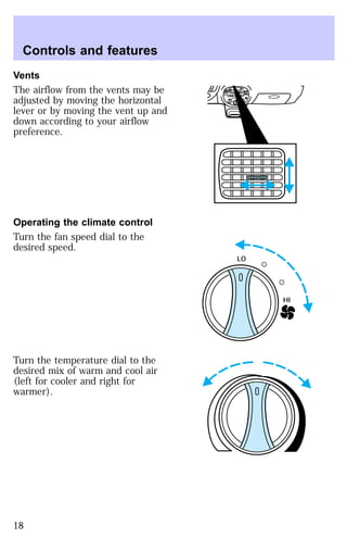 Vents 
The airflow from the vents may be 
adjusted by moving the horizontal 
lever or by moving the vent up and 
down according to your airflow 
preference. 
Operating the climate control 
Turn the fan speed dial to the 
desired speed. 
Turn the temperature dial to the 
desired mix of warm and cool air 
(left for cooler and right for 
warmer). 
HI 
SEEK
 
TUNE SCAN 
LO 
OFF 
*A/C 
*MAX
 
A/C 
TUNE
 
DISCS
 
EJ REW FF 
BASS TREB 
BAL 
FADE 
TAPE 
CD 
AM
 
FM 
– + 
1
 
SIDE 1-2 
2 
3 4 
5
 
COMP 
1
 
SIDE 1-2 
VOL–
 
PUSH ON 
SET
 
ACC 
SET 
HI 
LO 
Controls and features 
18 
 