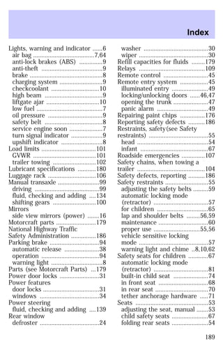 Lights, warning and indicator ......6 
air bag .....................................7,64 
anti-lock brakes (ABS) ..............9 
anti-theft .....................................9 
brake ............................................8 
charging system ..........................9 
checkcoolant .............................10 
high beam ...................................9 
liftgate ajar ................................10 
low fuel ........................................7 
oil pressure .................................9 
safety belt ...................................8 
service engine soon ....................7 
turn signal indicator ...................9 
upshift indicator .........................8 
Load limits .................................101 
GVWR ......................................101 
trailer towing ..........................102 
Lubricant specifications ...........180 
Luggage rack .............................106 
Manual transaxle .........................99 
driving .......................................99 
fluid, checking and adding ....134 
shifting gears ..........................100 
Mirrors 
side view mirrors (power) .......16 
Motorcraft parts ........................179 
National Highway Traffic 
Safety Administration ...............186 
Parking brake ..............................94 
automatic release .....................38 
operation ...................................94 
warning light ...............................8 
Parts (see Motorcraft Parts) ...179 
Power door locks ........................31 
Power features 
door locks ..................................31 
windows ....................................34 
Power steering 
fluid, checking and adding ....139 
Rear window 
defroster ....................................24 
Index 
washer .......................................30 
wiper ..........................................30 
Refill capacities for fluids ........179 
Relays ........................................109 
Remote control ...........................45 
Remote entry system .................45 
illuminated entry ......................49 
locking/unlocking doors ......46,47 
opening the trunk .....................47 
panic alarm ...............................49 
Repairing paint chips ...............176 
Reporting safety defects ..........186 
Restraints, safety(see Safety 
restraints) ....................................55 
head ...........................................54 
infant .........................................67 
Roadside emergencies ..............107 
Safety chains, when towing a 
trailer .........................................104 
Safety defects, reporting ..........186 
Safety restraints ..........................55 
adjusting the safety belts .........59 
automatic locking mode 
(retractor) .................................57 
for children ...............................65 
lap and shoulder belts ........56,59 
maintenance ..............................60 
proper use ............................55,56 
vehicle sensitive locking 
mode ..........................................57 
warning light and chime ..8,10,62 
Safety seats for children ............67 
automatic locking mode 
(retractor) .................................81 
built-in child seat .....................74 
in front seat ..............................68 
in rear seat ................................70 
tether anchorage hardware .....71 
Seats ............................................53 
adjusting the seat, manual .......53 
child safety seats ......................67 
folding rear seats ......................54 
189 
 