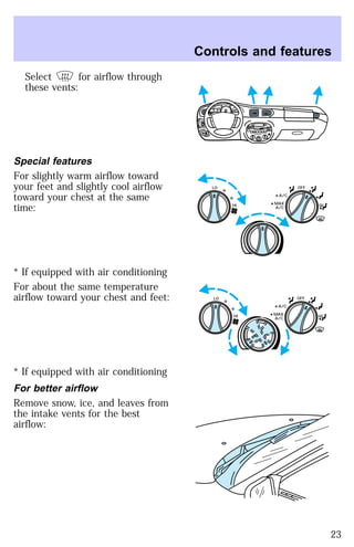 Select for airflow through 
these vents: 
Special features 
For slightly warm airflow toward 
your feet and slightly cool airflow 
toward your chest at the same 
time: 
* If equipped with air conditioning 
For about the same temperature 
airflow toward your chest and feet: 
* If equipped with air conditioning 
For better airflow 
Remove snow, ice, and leaves from 
the intake vents for the best 
airflow: 
Controls and features 
HI 
SEEK
 
TUNE SCAN 
LO 
OFF 
*A/C 
*MAX
 
A/C 
TUNE
 
DISCS
 
EJ REW FF 
BASS TREB 
BAL 
FADE 
TAPE 
CD 
AM
 
FM 
– + 
1
 
SIDE 1-2 
2 
3 4 
5
 
COMP 
1
 
SIDE 1-2 
VOL–
 
PUSH ON 
MIRROR 
L 
R 
0 0 0 0 0 0 
0 0 0 
40 
30 
20 
50 60 70 
80 
90 
100 
110 20 
40 
60 
80 
100 
120 
140 
160 
180 
E F C H 
FUEL FILL 
1/2 2 
1 
3 
RPM x 10 0 
RESET 
SET 
ACC 
SET 
XXXX 
OFF 
XXX 
OFF 
HI 
LO 
*A/C 
*MAX
 
A/C 
OFF 
HI 
LO 
*A/C 
*MAX
 
A/C 
23 
 