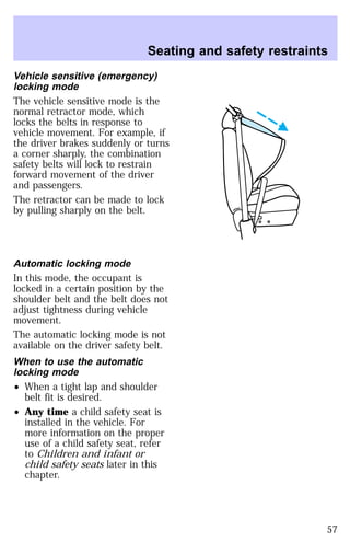 Seating and safety restraints 
Vehicle sensitive (emergency) 
locking mode 
The vehicle sensitive mode is the 
normal retractor mode, which 
locks the belts in response to 
vehicle movement. For example, if 
the driver brakes suddenly or turns 
a corner sharply, the combination 
safety belts will lock to restrain 
forward movement of the driver 
and passengers. 
The retractor can be made to lock 
by pulling sharply on the belt. 
Automatic locking mode 
In this mode, the occupant is 
locked in a certain position by the 
shoulder belt and the belt does not 
adjust tightness during vehicle 
movement. 
The automatic locking mode is not 
available on the driver safety belt. 
When to use the automatic 
locking mode 
² When a tight lap and shoulder 
belt fit is desired. 
² Any time a child safety seat is 
installed in the vehicle. For 
more information on the proper 
use of a child safety seat, refer 
to Children and infant or 
child safety seats later in this 
chapter. 
57 
 