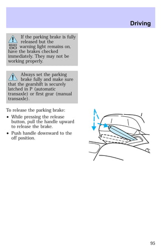 If the parking brake is fully 
released but the 
BRAKE warning light remains on, 
P ! 
have the brakes checked 
immediately. They may not be 
working properly. 
Always set the parking 
brake fully and make sure 
that the gearshift is securely 
latched in P (automatic 
transaxle) or first gear (manual 
transaxle). 
To release the parking brake: 
² While pressing the release 
button, pull the handle upward 
to release the brake. 
² Push handle downward to the 
off position. 
Driving 
95 
 