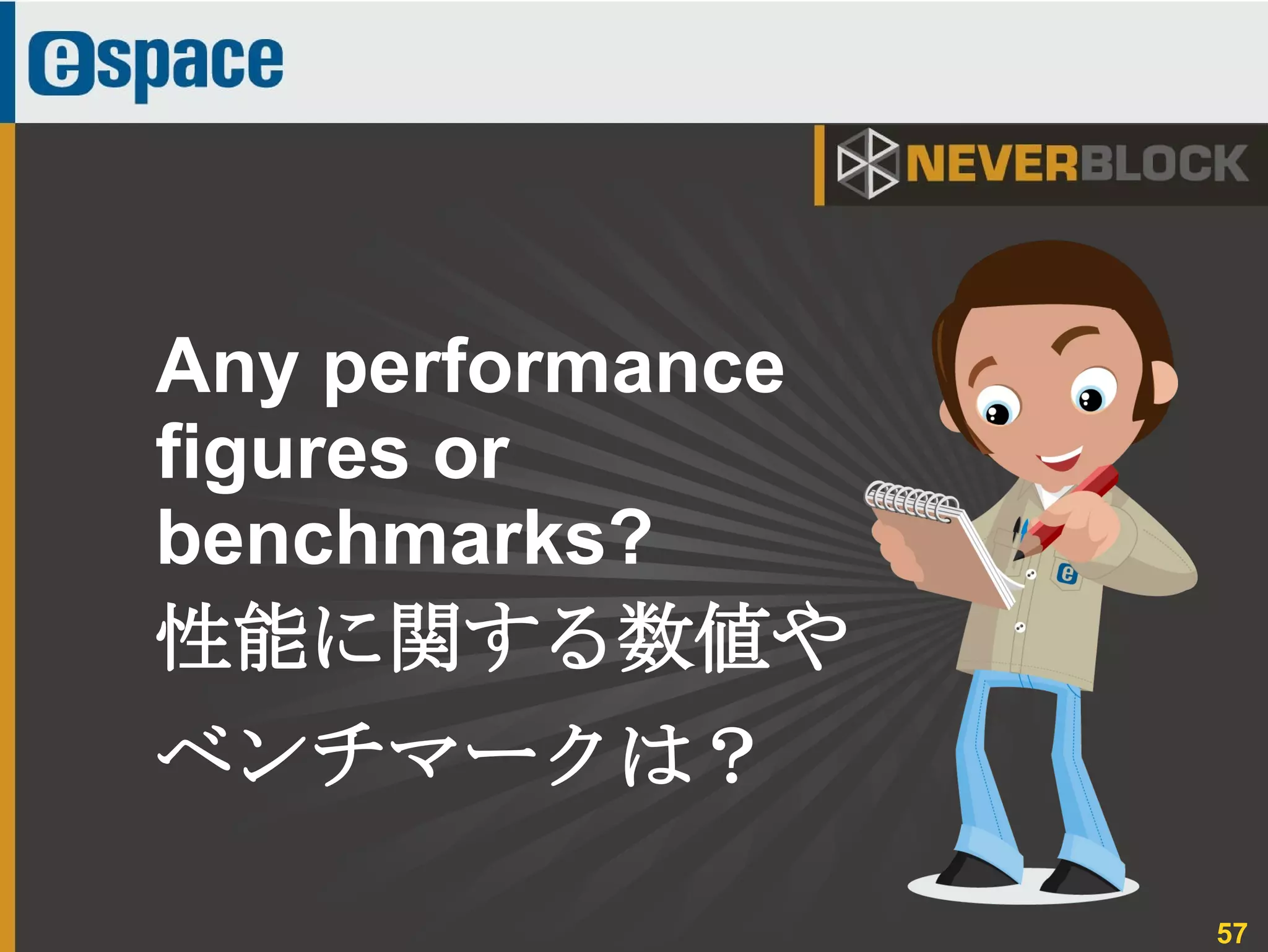 57
Any performance
figures or
benchmarks?
性能に関する数値や
ベンチマークは？
 