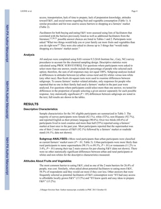 access, transportation, lack of time to prepare, lack of preparation knowledge, attitudes
toward F&V, and social norms regarding fruit and vegetable consumption (Table 1). A
similar procedure and list was used to assess barriers to shopping at a farmers’ market
(Table 2).
Facilitators for both buying and eating F&V were assessed using lists of facilitators that
correlated with the barriers previously listed as well as additional facilitators from the
literature;12,20,21 possible answer choices are listed in Tables 1 and 2. Participants were
asked “What two things would help you or your family eat more fruits and vegetables than
you do right now?” They were also asked to choose up to 3 things that “would make
shopping at a farmers’ market easier.”
Analysis
All analyses were completed using SAS version 9.2 (SAS Institute Inc., Cary, NC) survey
procedures to account for the clustered sampling design. Descriptive statistics were
calculated using PROC SURVEYFREQ. For questions where participants were asked to
select more than one answer, results include the percentage of people who selected each
option; therefore, the sum of all responses may not equal 100%. Subgroup analyses looked
at differences in attitudes between (a) urban versus rural and (b) whites versus non-white
(any other race). Rao-Scott chi-square tests were used to examine differences between
subgroups. To assess farmers’ market–related attitudes, only responses for people who
reported that no one in their family had used a farmers’ market in the past year were
analyzed. For questions where participants could select more than one answer, we tested for
differences in the proportion of people selecting a given answer separately for each possible
response. Any statistically significant (P < .05) differences between subgroups are noted in
the text; full results are shown in the tables.
RESULTS
Descriptive Characteristics
Sample characteristics for the 341 eligible participants are summarized in Table 3. The
majority of survey participants were female (82.1%), white (52%), non-Hispanic (92.7%),
and reported English as their primary language (90.6%). Over two thirds (68.6%) of
participants lived in rural counties and more than half (55%) reported using a farmers’
market at least once in the past year. Most participants reported that the supermarket was
one of their 2 main sources of F&V (92.1%) followed by a farmers’ market or roadside
stand (16.1%; data not shown).
Subgroup ANALYSES—More rural participants than urban participants were classified
as current farmers’ market users (P = .01; Table 3). Urban participants were more likely than
rural participants to name supermarkets (98.1% vs 89.3%, P < .01) or restaurants (11.2% vs
3.4%, P = .01) among their top 2 main sources for pur-chasing F&V (data not shown). There
were no other statistically significant differences between urban and rural participants or
whites and non-whites for the descriptive characteristics measured.
Attitudes About Fruits and Vegetables
The most common barrier to eating F&V, cited as one of the 2 main barriers for 26.4% of
people, was cost. Similarly, when asked about potential facilitators to eating more F&V,
58.5% of respondents said they would eat more if they cost less. Other answers that were
frequently selected as potential facilitators of F&V consumption were “If I had easy access
to affordable locally grown F&V” (13.5%) and “If I knew quick and easy ideas to prepare
F&V” (13.2%).
LEONE et al. Page 4
J Hunger Environ Nutr. Author manuscript; available in PMC 2013 October 03.
NIH-PAAuthorManuscriptNIH-PAAuthorManuscriptNIH-PAAuthorManuscript
 