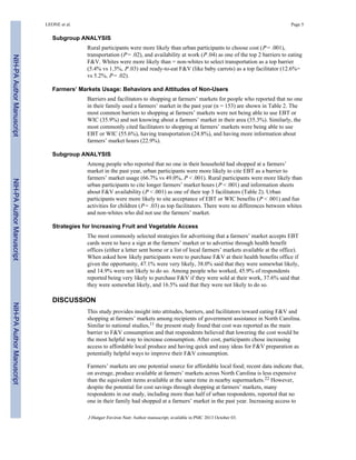 Subgroup ANALYSIS
Rural participants were more likely than urban participants to choose cost (P = .001),
transportation (P = .02), and availability at work (P .04) as one of the top 2 barriers to eating
F&V. Whites were more likely than = non-whites to select transportation as a top barrier
(5.4% vs 1.3%, P .03) and ready-to-eat F&V (like baby carrots) as a top facilitator (12.6%=
vs 5.2%, P = .02).
Farmers’ Markets Usage: Behaviors and Attitudes of Non-Users
Barriers and facilitators to shopping at farmers’ markets for people who reported that no one
in their family used a farmers’ market in the past year (n = 153) are shown in Table 2. The
most common barriers to shopping at farmers’ markets were not being able to use EBT or
WIC (35.9%) and not knowing about a farmers’ market in their area (35.3%). Similarly, the
most commonly cited facilitators to shopping at farmers’ markets were being able to use
EBT or WIC (55.6%), having transportation (24.8%), and having more information about
farmers’ market hours (22.9%).
Subgroup ANALYSIS
Among people who reported that no one in their household had shopped at a farmers’
market in the past year, urban participants were more likely to cite EBT as a barrier to
farmers’ market usage (66.7% vs 49.0%, P < .001). Rural participants were more likely than
urban participants to cite longer farmers’ market hours (P < .001) and information sheets
about F&V availability (P < .001) as one of their top 3 facilitators (Table 2). Urban
participants were more likely to site acceptance of EBT or WIC benefits (P < .001) and fun
activities for children (P = .03) as top facilitators. There were no differences between whites
and non-whites who did not use the farmers’ market.
Strategies for Increasing Fruit and Vegetable Access
The most commonly selected strategies for advertising that a farmers’ market accepts EBT
cards were to have a sign at the farmers’ market or to advertise through health benefit
offices (either a letter sent home or a list of local farmers’ markets available at the office).
When asked how likely participants were to purchase F&V at their health benefits office if
given the opportunity, 47.1% were very likely, 38.0% said that they were somewhat likely,
and 14.9% were not likely to do so. Among people who worked, 45.9% of respondents
reported being very likely to purchase F&V if they were sold at their work, 37.6% said that
they were somewhat likely, and 16.5% said that they were not likely to do so.
DISCUSSION
This study provides insight into attitudes, barriers, and facilitators toward eating F&V and
shopping at farmers’ markets among recipients of government assistance in North Carolina.
Similar to national studies,11 the present study found that cost was reported as the main
barrier to F&V consumption and that respondents believed that lowering the cost would be
the most helpful way to increase consumption. After cost, participants chose increasing
access to affordable local produce and having quick and easy ideas for F&V preparation as
potentially helpful ways to improve their F&V consumption.
Farmers’ markets are one potential source for affordable local food; recent data indicate that,
on average, produce available at farmers’ markets across North Carolina is less expensive
than the equivalent items available at the same time in nearby supermarkets.22 However,
despite the potential for cost savings through shopping at farmers’ markets, many
respondents in our study, including more than half of urban respondents, reported that no
one in their family had shopped at a farmers’ market in the past year. Increasing access to
LEONE et al. Page 5
J Hunger Environ Nutr. Author manuscript; available in PMC 2013 October 03.
NIH-PAAuthorManuscriptNIH-PAAuthorManuscriptNIH-PAAuthorManuscript
 