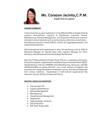 Ms. Corazon Jacinto,C.P.M.
Supply Chain & Logistics
CAREER SUMMARY
I have more than 25 years’ experience in the different fields of Supply Chain &
Logistics (Procurement, Logistics & Distribution, Customer Service,
Manufacturing, Demand Management, and Production Planning & Inventory
Control) in various industries such as semiconductor, electronics, automotive,
Fast Moving Consumer Goods (FMCG), cement and aggregate products, and
casual dining restaurant.
With International work experiences in Asia, US and Europe such as Sales &
Marketing Manager for Daimler Benz USA, Logistics Manager for Temic
Germany, and International Commodity Buyer for Nutriasia.
Was the 1st Filipino Director of Astec Power Phil, Inc., a subsidiary of Emerson
Group ofCompanies. Experienced in manufacturing environment where S&OP,
Shared Services, P2P, 6S, KANBAN, Lean Manufacturing, ISO 14000, and ERP
(SAP/Oracle/JDE) are being practiced. Has a wide network of suppliers, toll
manufacturers, freight forwarders, land/sea/air carriers, and otherprofessionals
from various industries. Experienced in multi-cultural organizations like
American, German, British, Chinese and Filipino.
SPECIFIC AREAS OF EXPERTISE
 Procurement-P2P
 Logistics &Distribution
 Demand Management
 Manufacturing
 Shared Services Management
 Negotiation
 Highlystrategic initiatives
 ISO certification
 ERP (SAP, Oracle, JDE)
 