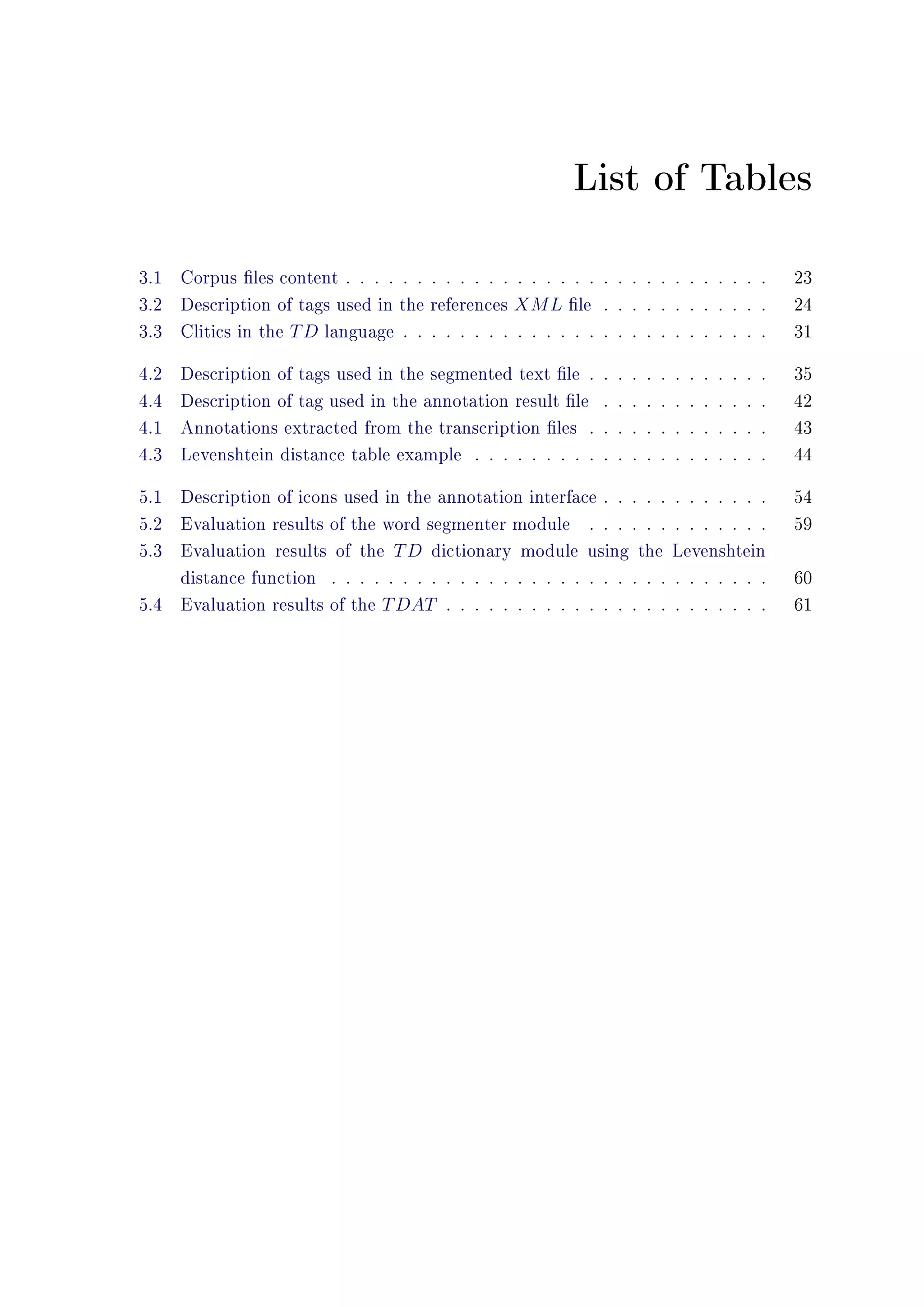 List of Tables
3.1 Corpus les content . . . . . . . . . . . . . . . . . . . . . . . . . . . . . . 23
3.2 Description of tags used in the references XML le . . . . . . . . . . . . 24
3.3 Clitics in the TD language . . . . . . . . . . . . . . . . . . . . . . . . . . 31
4.2 Description of tags used in the segmented text le . . . . . . . . . . . . . 35
4.4 Description of tag used in the annotation result le . . . . . . . . . . . . 42
4.1 Annotations extracted from the transcription les . . . . . . . . . . . . . 43
4.3 Levenshtein distance table example . . . . . . . . . . . . . . . . . . . . . 44
5.1 Description of icons used in the annotation interface . . . . . . . . . . . . 54
5.2 Evaluation results of the word segmenter module . . . . . . . . . . . . . 59
5.3 Evaluation results of the TD dictionary module using the Levenshtein
distance function . . . . . . . . . . . . . . . . . . . . . . . . . . . . . . . 60
5.4 Evaluation results of the TDAT . . . . . . . . . . . . . . . . . . . . . . . 61
 
