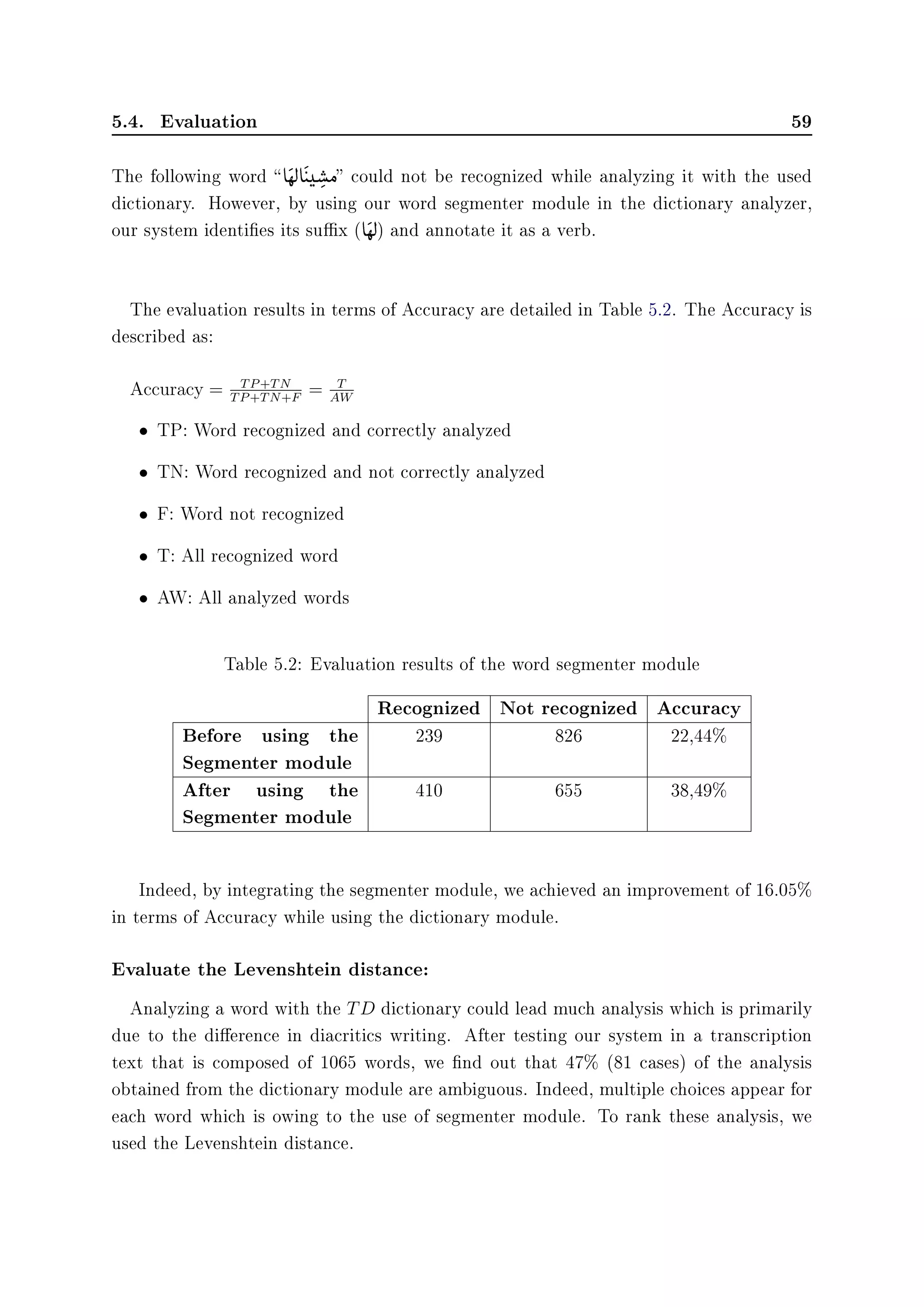 5.4. Evaluation 59
The following word  e

êË e

©
t(


‚

Ó could not be recognized while analyzing it with the used
dictionary. However, by using our word segmenter module in the dictionary analyzer,
our system identies its sux (e

êË) and annotate it as a verb.
The evaluation results in terms of Accuracy are detailed in Table 5.2. The Accuracy is
described as:
Accuracy = TP+TN
TP+TN+F
= T
AW
• TP: Word recognized and correctly analyzed
• TN: Word recognized and not correctly analyzed
• F: Word not recognized
• T: All recognized word
• AW: All analyzed words
Table 5.2: Evaluation results of the word segmenter module
Recognized Not recognized Accuracy
Before using the
Segmenter module
239 826 22,44%
After using the
Segmenter module
410 655 38,49%
Indeed, by integrating the segmenter module, we achieved an improvement of 16.05%
in terms of Accuracy while using the dictionary module.
Evaluate the Levenshtein distance:
Analyzing a word with the TD dictionary could lead much analysis which is primarily
due to the dierence in diacritics writing. After testing our system in a transcription
text that is composed of 1065 words, we nd out that 47% (81 cases) of the analysis
obtained from the dictionary module are ambiguous. Indeed, multiple choices appear for
each word which is owing to the use of segmenter module. To rank these analysis, we
used the Levenshtein distance.
 