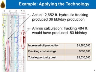 8
Example: Applying the Technology
• Actual: 2,652 ft. hydraulic fracking
produced 36 bbl/day production
• Amros calculati...