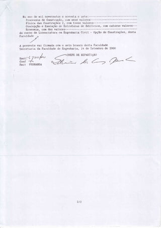 No afri) ,Ìe ntil novecettl:.ose Ilr:rvilrìtacr sel:e:---
Pruces-sÕsrle Üonstruçács,cÕnlolìze valcrres ---:
liísica das Cr:nstruções 2, coÍn treze valores
Cgrrcêpçãoe Execução de Estrr-rturas de-Editícrios, coÍrÌcatorze valores---
Ìiconomia, cotndez valores
cio curso cle Licenciatura e.rrrEngenharia Civit - Opção de Construções, clesta
Fac;r-rirla,lr:
í
./
,/
A preserrte vai f irmatla com o selo Lrrarrcodesta Far-:rlldade
Secrelaria da Faculdarle de Engenharia, i4 de Seteniirro de 2000
I á(ìHEFE I)E REPARTÌç:Ã0
;iïi'ffi A*,4á-?-/
I
Iì
I/t
2/2
 