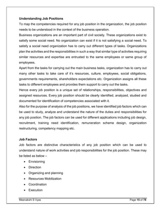 Meenakshi S Vyas Page 15 of 78
Understanding Job Positions
To map the competencies required for any job position in the organization, the job position
needs to be understood in the context of the business operation.
Business organizations are an important part of civil society. These organizations exist to
satisfy some social need. No organization can exist if it is not satisfying a social need. To
satisfy a social need organization has to carry out different types of tasks. Organizations
plan the activities and the responsibilities in such a way that similar type of activities requiring
similar resources and expertise are entrusted to the same employees or same group of
employees.
Apart from the tasks for carrying out the main business tasks, organization has to carry out
many other tasks to take care of it’s resources, culture, employees, social obligations,
governments requirements, shareholders expectations etc. Organization assigns all these
tasks to different employees and provides them support to carry out the tasks.
Hence every job position is a unique set of relationships, responsibilities, objectives and
assigned resources. Every job position should be clearly identified, analyzed, studied and
documented for identification of competencies associated with it.
Also for the purpose of analysis of the job positions, we have identified job factors which can
be used to study, analyze and understand the nature of the duties and responsibilities for
any job position. The job factors can be used for different applications including job design,
recruitment, training need identification, remuneration scheme design, organization
restructuring, competency mapping etc.
Job Factors
Job factors are distinctive characteristics of any job position which can be used to
understand nature of work activities and job responsibilities for the job position. These may
be listed as below –
 Envisioning
 Direction
 Organizing and planning
 Resources Mobilization
 Coordination
 Execution
 