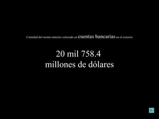 Cantidad del monto anterior colocado en  cuentas bancarias  en el exterior 20 mil 758.4  millones de dólares 