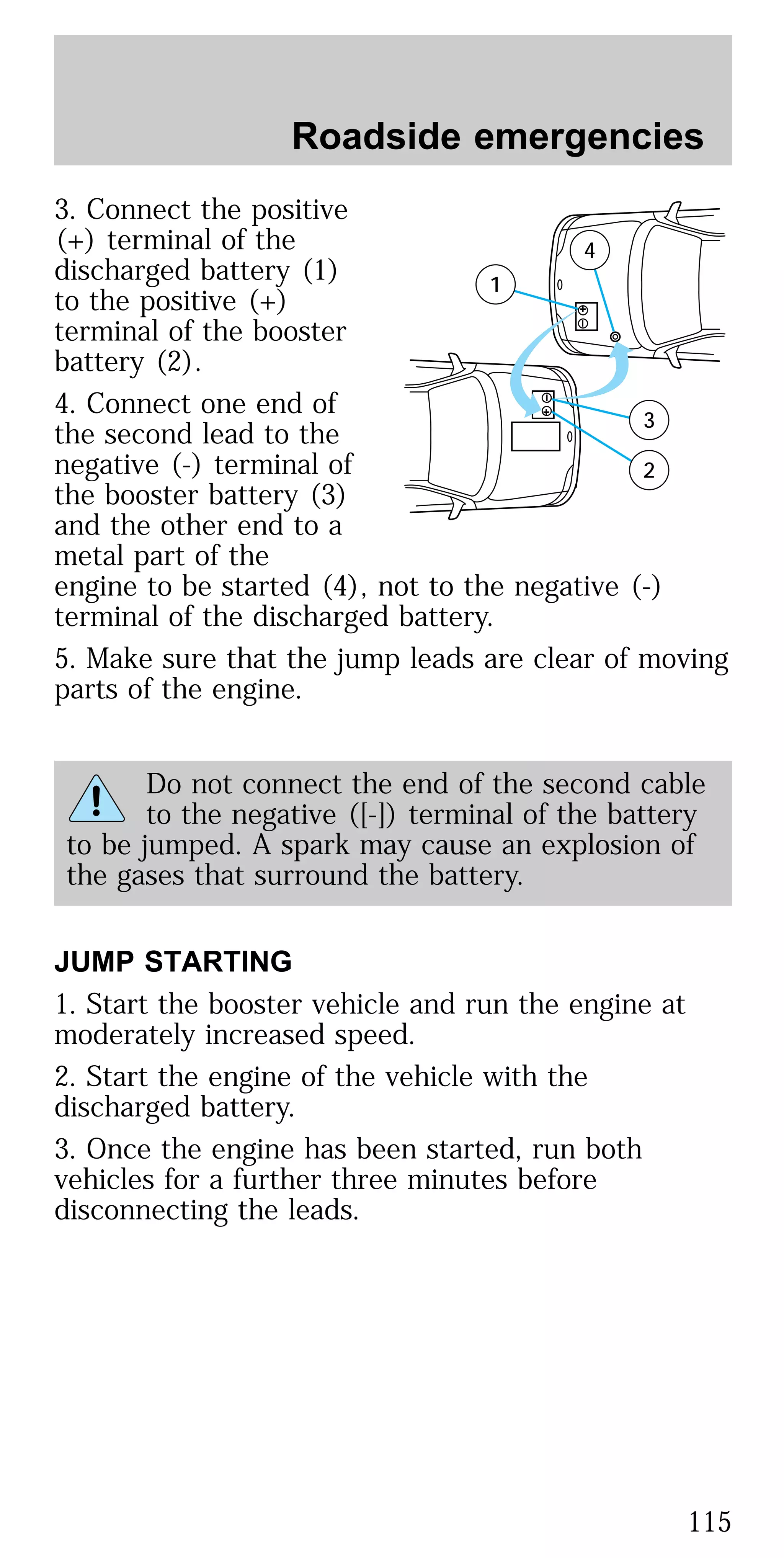 3. Connect the positive
(+) terminal of the
discharged battery (1)
to the positive (+)
terminal of the booster
battery (2).
4. Connect one end of
the second lead to the
negative (-) terminal of
the booster battery (3)
and the other end to a
metal part of the
engine to be started (4), not to the negative (-)
terminal of the discharged battery.
5. Make sure that the jump leads are clear of moving
parts of the engine.
Do not connect the end of the second cable
to the negative ([-]) terminal of the battery
to be jumped. A spark may cause an explosion of
the gases that surround the battery.
JUMP STARTING
1. Start the booster vehicle and run the engine at
moderately increased speed.
2. Start the engine of the vehicle with the
discharged battery.
3. Once the engine has been started, run both
vehicles for a further three minutes before
disconnecting the leads.
+
–
+
–
3
2
1
4
Roadside emergencies
115
 