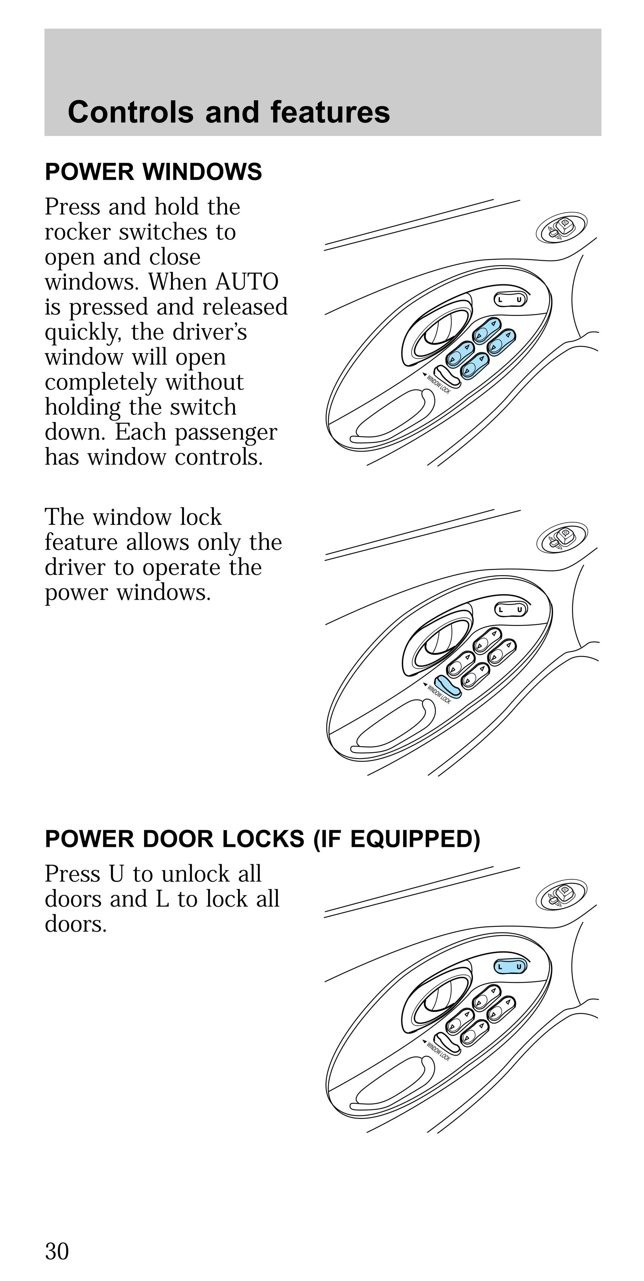 POWER WINDOWS
Press and hold the
rocker switches to
open and close
windows. When AUTO
is pressed and released
quickly, the driver’s
window will open
completely without
holding the switch
down. Each passenger
has window controls.
The window lock
feature allows only the
driver to operate the
power windows.
POWER DOOR LOCKS (IF EQUIPPED)
Press U to unlock all
doors and L to lock all
doors.
Controls and features
30
 