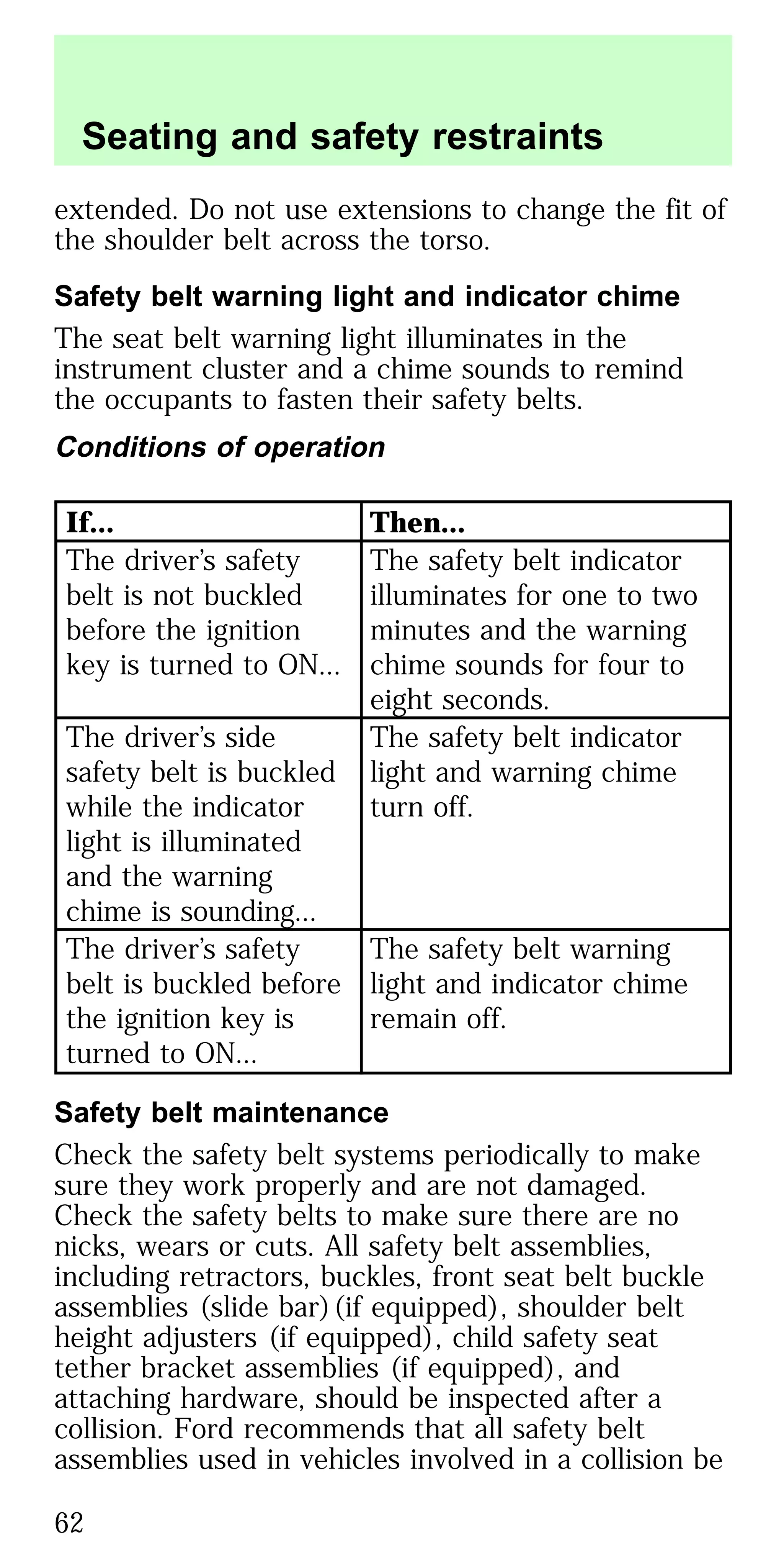 extended. Do not use extensions to change the fit of
the shoulder belt across the torso.
Safety belt warning light and indicator chime
The seat belt warning light illuminates in the
instrument cluster and a chime sounds to remind
the occupants to fasten their safety belts.
Conditions of operation
If... Then...
The driver’s safety
belt is not buckled
before the ignition
key is turned to ON...
The safety belt indicator
illuminates for one to two
minutes and the warning
chime sounds for four to
eight seconds.
The driver’s side
safety belt is buckled
while the indicator
light is illuminated
and the warning
chime is sounding...
The safety belt indicator
light and warning chime
turn off.
The driver’s safety
belt is buckled before
the ignition key is
turned to ON...
The safety belt warning
light and indicator chime
remain off.
Safety belt maintenance
Check the safety belt systems periodically to make
sure they work properly and are not damaged.
Check the safety belts to make sure there are no
nicks, wears or cuts. All safety belt assemblies,
including retractors, buckles, front seat belt buckle
assemblies (slide bar)(if equipped), shoulder belt
height adjusters (if equipped), child safety seat
tether bracket assemblies (if equipped), and
attaching hardware, should be inspected after a
collision. Ford recommends that all safety belt
assemblies used in vehicles involved in a collision be
Seating and safety restraints
62
 