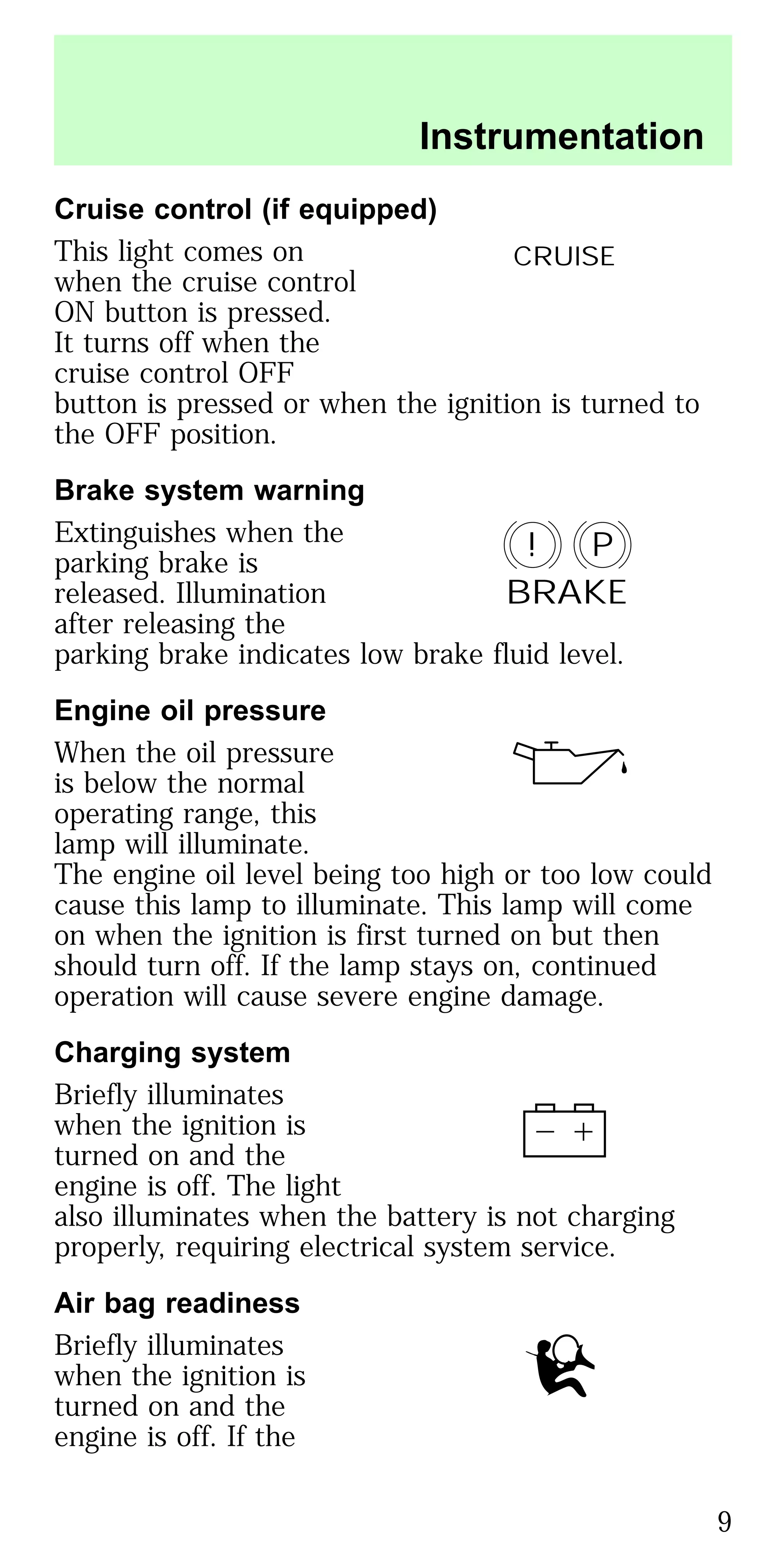 Cruise control (if equipped)
This light comes on
when the cruise control
ON button is pressed.
It turns off when the
cruise control OFF
button is pressed or when the ignition is turned to
the OFF position.
Brake system warning
Extinguishes when the
parking brake is
released. Illumination
after releasing the
parking brake indicates low brake fluid level.
Engine oil pressure
When the oil pressure
is below the normal
operating range, this
lamp will illuminate.
The engine oil level being too high or too low could
cause this lamp to illuminate. This lamp will come
on when the ignition is first turned on but then
should turn off. If the lamp stays on, continued
operation will cause severe engine damage.
Charging system
Briefly illuminates
when the ignition is
turned on and the
engine is off. The light
also illuminates when the battery is not charging
properly, requiring electrical system service.
Air bag readiness
Briefly illuminates
when the ignition is
turned on and the
engine is off. If the
CRUISE
P!
BRAKE
Instrumentation
9
 