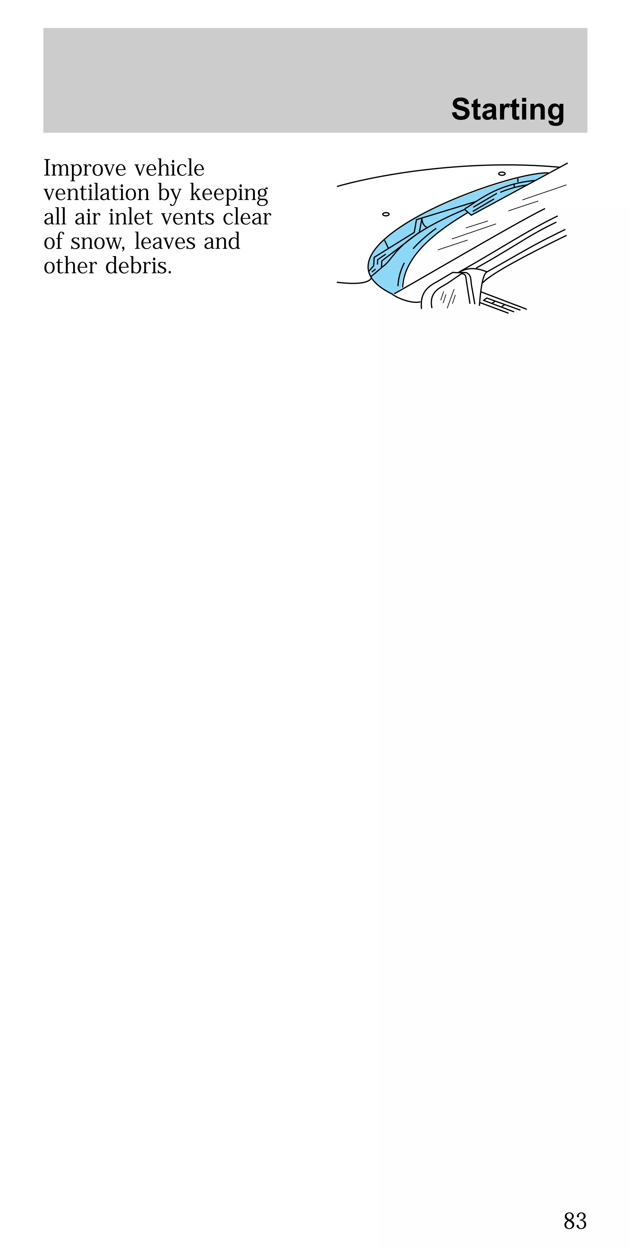 Improve vehicle
ventilation by keeping
all air inlet vents clear
of snow, leaves and
other debris.
Starting
83
 