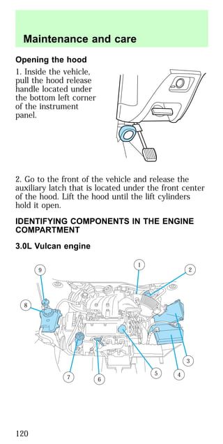 Opening the hood
1. Inside the vehicle,
pull the hood release
handle located under
the bottom left corner
of the instrument
panel.
2. Go to the front of the vehicle and release the
auxiliary latch that is located under the front center
of the hood. Lift the hood until the lift cylinders
hold it open.
IDENTIFYING COMPONENTS IN THE ENGINE
COMPARTMENT
3.0L Vulcan engine
1
2
3
45
67
8
9
Maintenance and care
120
 