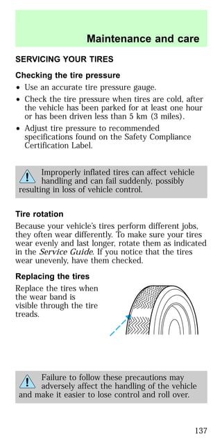 SERVICING YOUR TIRES
Checking the tire pressure
• Use an accurate tire pressure gauge.
• Check the tire pressure when tires are cold, after
the vehicle has been parked for at least one hour
or has been driven less than 5 km (3 miles).
• Adjust tire pressure to recommended
specifications found on the Safety Compliance
Certification Label.
Improperly inflated tires can affect vehicle
handling and can fail suddenly, possibly
resulting in loss of vehicle control.
Tire rotation
Because your vehicle’s tires perform different jobs,
they often wear differently. To make sure your tires
wear evenly and last longer, rotate them as indicated
in the Service Guide. If you notice that the tires
wear unevenly, have them checked.
Replacing the tires
Replace the tires when
the wear band is
visible through the tire
treads.
Failure to follow these precautions may
adversely affect the handling of the vehicle
and make it easier to lose control and roll over.
Maintenance and care
137
 