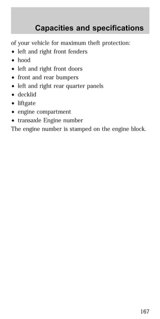 of your vehicle for maximum theft protection:
• left and right front fenders
• hood
• left and right front doors
• front and rear bumpers
• left and right rear quarter panels
• decklid
• liftgate
• engine compartment
• transaxle Engine number
The engine number is stamped on the engine block.
Capacities and specifications
167
 