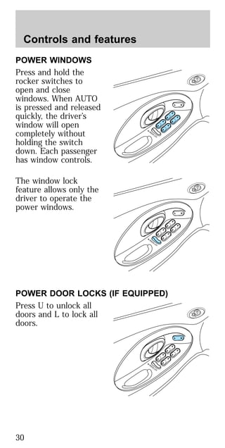 POWER WINDOWS
Press and hold the
rocker switches to
open and close
windows. When AUTO
is pressed and released
quickly, the driver’s
window will open
completely without
holding the switch
down. Each passenger
has window controls.
The window lock
feature allows only the
driver to operate the
power windows.
POWER DOOR LOCKS (IF EQUIPPED)
Press U to unlock all
doors and L to lock all
doors.
Controls and features
30
 