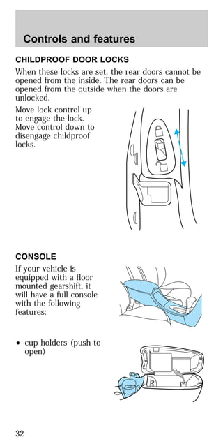 CHILDPROOF DOOR LOCKS
When these locks are set, the rear doors cannot be
opened from the inside. The rear doors can be
opened from the outside when the doors are
unlocked.
Move lock control up
to engage the lock.
Move control down to
disengage childproof
locks.
CONSOLE
If your vehicle is
equipped with a floor
mounted gearshift, it
will have a full console
with the following
features:
• cup holders (push to
open)
Controls and features
32
 