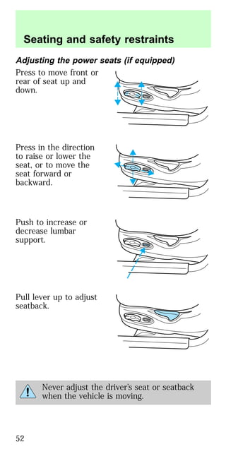 Adjusting the power seats (if equipped)
Press to move front or
rear of seat up and
down.
Press in the direction
to raise or lower the
seat, or to move the
seat forward or
backward.
Push to increase or
decrease lumbar
support.
Pull lever up to adjust
seatback.
Never adjust the driver’s seat or seatback
when the vehicle is moving.
Seating and safety restraints
52
 