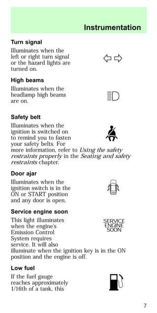 Turn signal
Illuminates when the
left or right turn signal
or the hazard lights are
turned on.
High beams
Illuminates when the
headlamp high beams
are on.
Safety belt
Illuminates when the
ignition is switched on
to remind you to fasten
your safety belts. For
more information, refer to Using the safety
restraints properly in the Seating and safety
restraints chapter.
Door ajar
Illuminates when the
ignition switch is in the
ON or START position
and any door is open.
Service engine soon
This light illuminates
when the engine’s
Emission Control
System requires
service. It will also
illuminate when the ignition key is in the ON
position and the engine is off.
Low fuel
If the fuel gauge
reaches approximately
1/16th of a tank, this
SERVICE
ENGINE
SOON
Instrumentation
7
 