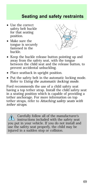 • Use the correct
safety belt buckle
for that seating
position.
• Make sure the
tongue is securely
fastened in the
buckle.
• Keep the buckle release button pointing up and
away from the safety seat, with the tongue
between the child seat and the release button, to
prevent accidental unbuckling.
• Place seatback in upright position.
• Put the safety belt in the automatic locking mode.
Refer to Using the automatic locking mode.
Ford recommends the use of a child safety seat
having a top tether strap. Install the child safety seat
in a seating position which is capable of providing a
tether anchorage. For more information on top
tether straps, refer to Attaching safety seats with
tether straps.
Carefully follow all of the manufacturer’s
instructions included with the safety seat
you put in your vehicle. If you do not install and
use the safety seat properly, the child may be
injured in a sudden stop or collision.
Seating and safety restraints
69
 