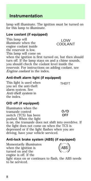 lamp will illuminate. The ignition must be turned on
for this lamp to illuminate.
Low coolant (if equipped)
This lamp will
illuminate when the
engine coolant inside
the reservoir is low.
This lamp will come on
when the ignition is first turned on, but then should
turn off. If the lamp stays on and a chime sounds,
you should check the coolant level inside the
reservoir. For instructions on adding coolant, see
Engine coolant in the index.
Anti-theft alarm light (if equipped)
This light is used when
you set the anti-theft
alarm system. See
Anti-theft system in
the index.
O/D off (if equipped)
Illuminates when the
transaxle control
switch (TCS) has been
pushed. When the light
is on, the transaxle does not shift into overdrive. If
the light does not come on when the TCS is
depressed or if the light flashes when you are
driving, have your vehicle serviced.
Anti-lock brake system (ABS) (if equipped)
Momentarily illuminates
when the ignition is
turned on and the
engine is off. If the
light stays on or continues to flash, the ABS needs
to be serviced.
LOW
COOLANT
THEFT
O/D
OFF
ABS
Instrumentation
8
 