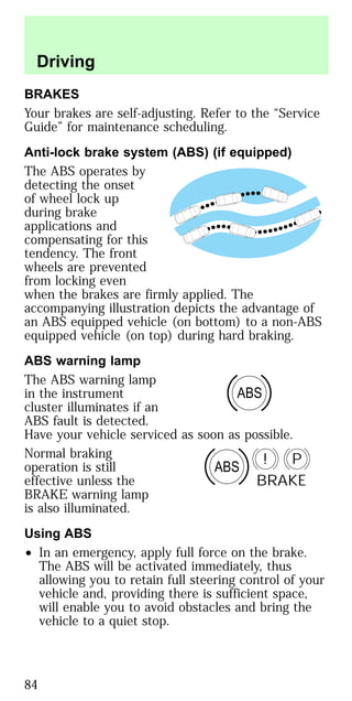 BRAKES
Your brakes are self-adjusting. Refer to the “Service
Guide” for maintenance scheduling.
Anti-lock brake system (ABS) (if equipped)
The ABS operates by
detecting the onset
of wheel lock up
during brake
applications and
compensating for this
tendency. The front
wheels are prevented
from locking even
when the brakes are firmly applied. The
accompanying illustration depicts the advantage of
an ABS equipped vehicle (on bottom) to a non-ABS
equipped vehicle (on top) during hard braking.
ABS warning lamp
The ABS warning lamp
in the instrument
cluster illuminates if an
ABS fault is detected.
Have your vehicle serviced as soon as possible.
Normal braking
operation is still
effective unless the
BRAKE warning lamp
is also illuminated.
Using ABS
• In an emergency, apply full force on the brake.
The ABS will be activated immediately, thus
allowing you to retain full steering control of your
vehicle and, providing there is sufficient space,
will enable you to avoid obstacles and bring the
vehicle to a quiet stop.
ABS
ABS
P!
BRAKE
Driving
84
 