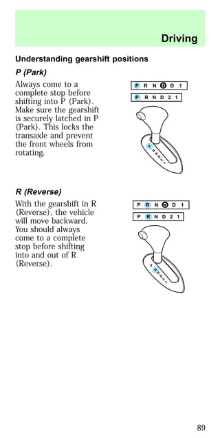 Understanding gearshift positions
P (Park)
Always come to a
complete stop before
shifting into P (Park).
Make sure the gearshift
is securely latched in P
(Park). This locks the
transaxle and prevent
the front wheels from
rotating.
R (Reverse)
With the gearshift in R
(Reverse), the vehicle
will move backward.
You should always
come to a complete
stop before shifting
into and out of R
(Reverse).
P R N D 2 1
P R N D D 1
P R N D 2 1
P R N D D 1
Driving
89
 
