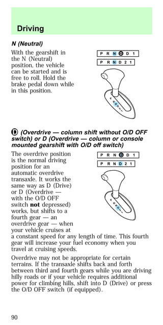 N (Neutral)
With the gearshift in
the N (Neutral)
position, the vehicle
can be started and is
free to roll. Hold the
brake pedal down while
in this position.
(Overdrive — column shift without O/D OFF
switch) or D (Overdrive — column or console
mounted gearshift with O/D off switch)
The overdrive position
is the normal driving
position for an
automatic overdrive
transaxle. It works the
same way as D (Drive)
or D (Overdrive —
with the O/D OFF
switch not depressed)
works, but shifts to a
fourth gear — an
overdrive gear — when
your vehicle cruises at
a constant speed for any length of time. This fourth
gear will increase your fuel economy when you
travel at cruising speeds.
Overdrive may not be appropriate for certain
terrains. If the transaxle shifts back and forth
between third and fourth gears while you are driving
hilly roads or if your vehicle requires additional
power for climbing hills, shift into D (Drive) or press
the O/D OFF switch (if equipped).
P R N D 2 1
P R N D D 1
P R N D D 1
P R N D 2 1
Driving
90
 