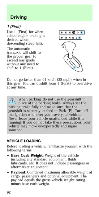 1 (First)
Use 1 (First) for when
added engine braking is
desired when
descending steep hills.
The automatic
transaxle will shift to
the proper gear to
ascend any grade
without any need to
shift to 1 (First).
Do not go faster than 61 km/h (38 mph) when in
this gear. You can upshift from 1 (First) to overdrive
at any time.
When parking, do not use the gearshift in
place of the parking brake. Always set the
parking brake fully and make sure that the
gearshift is securely latched in Park (P). Turn off
the ignition whenever you leave your vehicle.
Never leave your vehicle unattended while it is
running. If you do not take these precautions, your
vehicle may move unexpectedly and injure
someone.
VEHICLE LOADING
Before loading a vehicle, familiarize yourself with the
following terms:
• Base Curb Weight: Weight of the vehicle
including any standard equipment, fluids,
lubricants, etc. It does not include passengers or
aftermarket equipment.
• Payload: Combined maximum allowable weight of
cargo, passengers and optional equipment. The
payload equals the gross vehicle weight rating
minus base curb weight.
P R N D D 1
P R N D 2 1
Driving
92
 