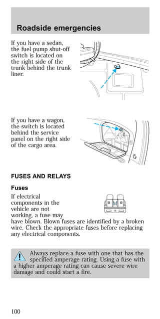 If you have a sedan,
the fuel pump shut-off
switch is located on
the right side of the
trunk behind the trunk
liner.
If you have a wagon,
the switch is located
behind the service
panel on the right side
of the cargo area.
FUSES AND RELAYS
Fuses
If electrical
components in the
vehicle are not
working, a fuse may
have blown. Blown fuses are identified by a broken
wire. Check the appropriate fuses before replacing
any electrical components.
Always replace a fuse with one that has the
specified amperage rating. Using a fuse with
a higher amperage rating can cause severe wire
damage and could start a fire.
15
Roadside emergencies
100
 