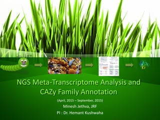 NGS Meta-Transcriptome Analysis and
CAZy Family Annotation
(April, 2015 – September, 2015)
Minesh Jethva, JRF
PI : Dr. Hemant Kushwaha
 