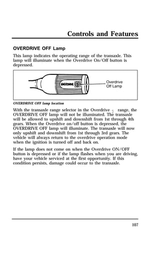 Controls and Features 
107 
OVERDRIVE OFF Lamp 
This lamp indicates the operating range of the transaxle. This 
lamp will illuminate when the Overdrive On/Off button is 
depressed. 
OVERDRIVE OFF lamp location 
With the transaxle range selector in the Overdrive j range, the 
OVERDRIVE OFF lamp will not be illuminated. The transaxle 
will be allowed to upshift and downshift from 1st through 4th 
gears. When the Overdrive on/off button is depressed, the 
OVERDRIVE OFF lamp will illuminate. The transaxle will now 
only upshift and downshift from 1st through 3rd gears. The 
vehicle will always return to the overdrive operation mode 
when the ignition is turned off and back on. 
If the lamp does not come on when the Overdrive ON/OFF 
button is depressed or if the lamp flashes when you are driving, 
have your vehicle serviced at the first opportunity. If this 
condition persists, damage could occur to the transaxle. 
 