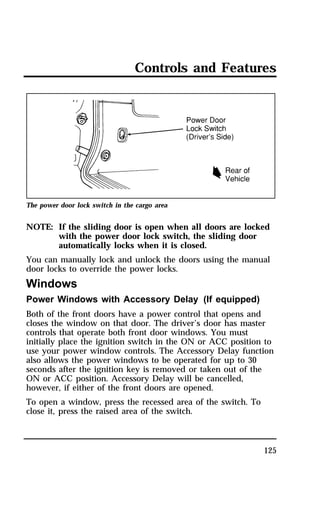 Controls and Features 
125 
The power door lock switch in the cargo area 
NOTE: If the sliding door is open when all doors are locked 
with the power door lock switch, the sliding door 
automatically locks when it is closed. 
You can manually lock and unlock the doors using the manual 
door locks to override the power locks. 
Windows 
Power Windows with Accessory Delay (If equipped) 
Both of the front doors have a power control that opens and 
closes the window on that door. The driver’s door has master 
controls that operate both front door windows. You must 
initially place the ignition switch in the ON or ACC position to 
use your power window controls. The Accessory Delay function 
also allows the power windows to be operated for up to 30 
seconds after the ignition key is removed or taken out of the 
ON or ACC position. Accessory Delay will be cancelled, 
however, if either of the front doors are opened. 
To open a window, press the recessed area of the switch. To 
close it, press the raised area of the switch. 
 