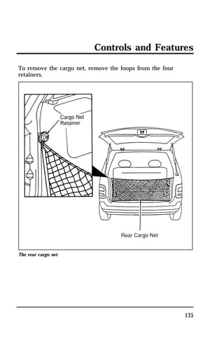 Controls and Features 
135 
To remove the cargo net, remove the loops from the four 
retainers. 
The rear cargo net 
 