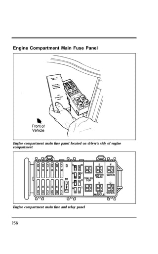Engine Compartment Main Fuse Panel 
Engine compartment main fuse panel located on driver’s side of engine 
compartment 
Engine compartment main fuse and relay panel 
256 
 