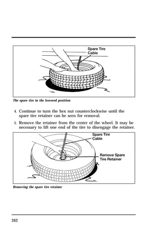The spare tire in the lowered position 
4. Continue to turn the hex nut counterclockwise until the 
spare tire retainer can be seen for removal. 
5. Remove the retainer from the center of the wheel. It may be 
necessary to lift one end of the tire to disengage the retainer. 
Removing the spare tire retainer 
262 
 