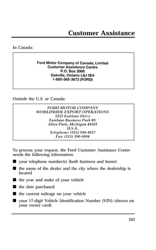 Customer Assistance 
343 
In Canada: 
Outside the U.S. or Canada: 
To process your request, the Ford Customer Assistance Center 
needs the following information: 
n your telephone number(s) (both business and home) 
n the name of the dealer and the city where the dealership is 
located 
n the year and make of your vehicle 
n the date purchased 
n the current mileage on your vehicle 
n your 17-digit Vehicle Identification Number (VIN) (shown on 
your owner card) 
 