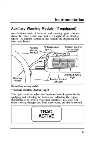 Instrumentation 
37 
Auxiliary Warning Module (If equipped) 
An additional bank of indicator and warning lights is located 
above the driver’s side vent, just to the right of the steering 
wheel. The light(s) located in this module are described and 
illustrated below. 
The auxiliary warning module 
Traction Control Active Light 
This light comes on when the Traction Control system begins 
applying and releasing the brakes and adjusting the engine 
characteristics to limit a wheelspin condition. You may feel 
some steering changes and hear some noise, but this is normal. 
1996 
 