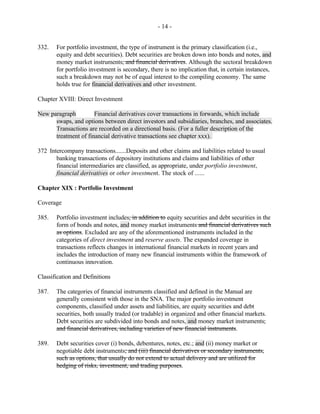 - 14 -
332. For portfolio investment, the type of instrument is the primary classification (i.e.,
equity and debt securities). Debt securities are broken down into bonds and notes, and
money market instruments, and financial derivatives. Although the sectoral breakdown
for portfolio investment is secondary, there is no implication that, in certain instances,
such a breakdown may not be of equal interest to the compiling economy. The same
holds true for financial derivatives and other investment.
Chapter XVIII: Direct Investment
New paragraph Financial derivatives cover transactions in forwards, which include
swaps, and options between direct investors and subsidiaries, branches, and associates.
Transactions are recorded on a directional basis. (For a fuller description of the
treatment of financial derivative transactions see chapter xxx).
372 Intercompany transactions.......Deposits and other claims and liabilities related to usual
banking transactions of depository institutions and claims and liabilities of other
financial intermediaries are classified, as appropriate, under portfolio investment,
financial derivatives or other investment. The stock of ......
Chapter XIX : Portfolio Investment
Coverage
385. Portfolio investment includes, in addition to equity securities and debt securities in the
form of bonds and notes, and money market instruments and financial derivatives such
as options. Excluded are any of the aforementioned instruments included in the
categories of direct investment and reserve assets. The expanded coverage in
transactions reflects changes in international financial markets in recent years and
includes the introduction of many new financial instruments within the framework of
continuous innovation.
Classification and Definitions
387. The categories of financial instruments classified and defined in the Manual are
generally consistent with those in the SNA. The major portfolio investment
components, classified under assets and liabilities, are equity securities and debt
securities, both usually traded (or tradable) in organized and other financial markets.
Debt securities are subdivided into bonds and notes, and money market instruments,
and financial derivatives, including varieties of new financial instruments.
389. Debt securities cover (i) bonds, debentures, notes, etc.; and (ii) money market or
negotiable debt instruments; and (iii) financial derivatives or secondary instruments,
such as options, that usually do not extend to actual delivery and are utilized for
hedging of risks, investment, and trading purposes.
 