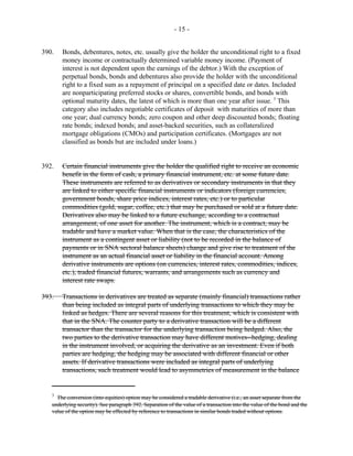 - 15 -
The conversion (into equities) option may be considered a tradable derivative (i.e., an asset separate from the3
underlying security). See paragraph 392. Separation of the value of a transaction into the value of the bond and the
value of the option may be effected by reference to transactions in similar bonds traded without options.
390. Bonds, debentures, notes, etc. usually give the holder the unconditional right to a fixed
money income or contractually determined variable money income. (Payment of
interest is not dependent upon the earnings of the debtor.) With the exception of
perpetual bonds, bonds and debentures also provide the holder with the unconditional
right to a fixed sum as a repayment of principal on a specified date or dates. Included
are nonparticipating preferred stocks or shares, convertible bonds, and bonds with
optional maturity dates, the latest of which is more than one year after issue. This3
category also includes negotiable certificates of deposit with maturities of more than
one year; dual currency bonds; zero coupon and other deep discounted bonds; floating
rate bonds; indexed bonds; and asset-backed securities, such as collateralized
mortgage obligations (CMOs) and participation certificates. (Mortgages are not
classified as bonds but are included under loans.)
392. Certain financial instruments give the holder the qualified right to receive an economic
benefit in the form of cash, a primary financial instrument, etc. at some future date.
These instruments are referred to as derivatives or secondary instruments in that they
are linked to either specific financial instruments or indicators (foreign currencies,
government bonds, share price indices, interest rates, etc.) or to particular
commodities (gold, sugar, coffee, etc.) that may be purchased or sold at a future date.
Derivatives also may be linked to a future exchange, according to a contractual
arrangement, of one asset for another. The instrument, which is a contract, may be
tradable and have a market value. When that is the case, the characteristics of the
instrument as a contingent asset or liability (not to be recorded in the balance of
payments or in SNA sectoral balance sheets) change and give rise to treatment of the
instrument as an actual financial asset or liability in the financial account. Among
derivative instruments are options (on currencies, interest rates, commodities, indices,
etc.), traded financial futures, warrants, and arrangements such as currency and
interest rate swaps.
393. Transactions in derivatives are treated as separate (mainly financial) transactions rather
than being included as integral parts of underlying transactions to which they may be
linked as hedges. There are several reasons for this treatment, which is consistent with
that in the SNA. The counter party to a derivative transaction will be a different
transactor than the transactor for the underlying transaction being hedged. Also, the
two parties to the derivative transaction may have different motives--hedging, dealing
in the instrument involved, or acquiring the derivative as an investment. Even if both
parties are hedging, the hedging may be associated with different financial or other
assets. If derivative transactions were included as integral parts of underlying
transactions, such treatment would lead to asymmetries of measurement in the balance
 