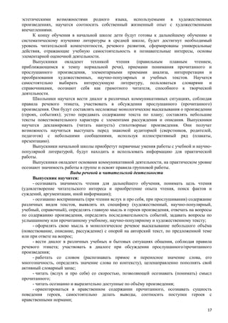 эстетическими возможностями родного языка, используемыми в художественных
произведениях, научатся соотносить собственный жизненный опыт с художественными
впечатлениями.
К концу обучения в начальной школе дети будут готовы к дальнейшему обучению и
систематическому изучению литературы в средней школе, будет достигнут необходимый
уровень читательской компетентности, речевого развития, сформированы универсальные
действия, отражающие учебную самостоятельность и познавательные интересы, основы
элементарной оценочной деятельности.
Выпускники овладеют техникой чтения (правильным плавным чтением,
приближающимся к темпу нормальной речи), приемами понимания прочитанного и
прослушанного произведения, элементарными приемами анализа, интерпретации и
преобразования художественных, научно-популярных и учебных текстов. Научатся
самостоятельно выбирать интересующую литературу, пользоваться словарями и
справочниками, осознают себя как грамотного читателя, способного к творческой
деятельности.
Школьники научатся вести диалог в различных коммуникативных ситуациях, соблюдая
правила речевого этикета, участвовать в обсуждении прослушанного (прочитанного)
произведения. Они будут составлять несложные монологические высказывания о произведении
(героях, событиях); устно передавать содержание текста по плану; составлять небольшие
тексты повествовательного характера с элементами рассуждения и описания. Выпускники
научатся декламировать (читать наизусть) стихотворные произведения. Они получат
возможность научиться выступать перед знакомой аудиторией (сверстников, родителей,
педагогов) с небольшими сообщениями, используя иллюстративный ряд (плакаты,
презентацию).
Выпускники начальной школы приобретут первичные умения работы с учебной и научно-
популярной литературой, будут находить и использовать информацию для практической
работы.
Выпускники овладеют основами коммуникативной деятельности, на практическом уровне
осознают значимость работы в группе и освоят правила групповой работы.
Виды речевой и читательской деятельности
Выпускник научится:
- осознавать значимость чтения для дальнейшего обучения, понимать цель чтения
(удовлетворение читательского интереса и приобретение опыта чтения, поиск фактов и
суждений, аргументации, иной информации);
- осознанно воспринимать (при чтении вслух и про себя, при прослушивании) содержание
различных видов текстов, выявлять их специфику (художественный, научно-популярный,
учебный, справочный), определять главную мысль и героев произведения, отвечать на вопросы
по содержанию произведения, определять последовательность событий, задавать вопросы по
услышанному или прочитанному учебному, научно-популярному и художественному тексту;
- оформлять свою мысль в монологическое речевое высказывание небольшого объёма
(повествование, описание, рассуждение) с опорой на авторский текст, по предложенной теме
или при ответе на вопрос;
- вести диалог в различных учебных и бытовых ситуациях общения, соблюдая правила
речевого этикета; участвовать в диалоге при обсуждении прослушанного/прочитанного
произведения;
- работать со словом (распознавать прямое и переносное значение слова, его
многозначность, определять значение слова по контексту), целенаправленно пополнять свой
активный словарный запас;
- читать (вслух и про себя) со скоростью, позволяющей осознавать (понимать) смысл
прочитанного;
- читать осознанно и выразительно доступные по объёму произведения;
- ориентироваться в нравственном содержании прочитанного, осознавать сущность
поведения героев, самостоятельно делать выводы, соотносить поступки героев с
нравственными нормами;
17
 