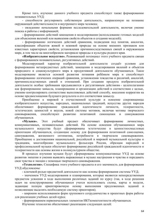 Кроме того, изучение данного учебного предмета способствует также формированию
познавательных УУД:
- способности регулировать собственную деятельность, направленную на познание
окружающей действительности и внутреннего мира человека;
- овладению начальными формами исследовательской деятельности, включая умение
поиска и работы с информацией;
- формированию действий замещения и моделирования (использование готовых моделей
для объяснения явлений или выявления свойств объектов и создания моделей);
- формированию логических действий сравнения, подведения под понятия, аналогии,
классификации объектов живой и неживой природы на основе внешних признаков или
известных характерных свойств; установления причинноследственных связей в окружающем
мире, в том числе на многообразном материале природы и культуры родного края.
«Изобразительное искусство». Развивающий потенциал этого учебного предмета связан
с формированием познавательных, регулятивных действий.
Моделирующий характер изобразительной деятельности создаёт условия для
формирования метапредметных действий, замещения и моделирования явлений и объектов
природного и социокультурного мира в продуктивной деятельности обучающихся. Такое
моделирование является основой развития познания ребёнком мира и способствует
формированию логических операций сравнения, установления тождества и различий, аналогий,
причинноследственных связей и отношений. При создании продукта изобразительной
деятельности особые требования предъявляются к регулятивным действиям - целеполаганию
как формированию замысла, планированию и организации действий в соответствии с целью,
умению контролировать соответствие выполняемых действий способу, внесению корректив на
основе предвосхищения будущего результата и его соответствия замыслу.
Приобщение к мировой и отечественной культуре и освоение сокровищницы
изобразительного искусства, народных, национальных традиций, искусства других народов
обеспечивают формирование гражданской идентичности личности, толерантности,
эстетических ценностей и вкусов, новой системы мотивов, включая мотивы творческого
самовыражения, способствуют развитию позитивной самооценки и самоуважения
обучающихся.
«Музыка». Этот учебный предмет обеспечивает формирование личностных,
коммуникативных, познавательных действий. На основе освоения обучающимися мира
музыкального искусства будут сформированы эстетические и ценностносмысловые
ориентации обучающихся, создающие основу для формирования позитивной самооценки,
самоуважения, жизненного оптимизма, потребности в творческом самовыражении.
Приобщение к достижениям национальной, российской и мировой музыкальной культуры и
традициям, многообразию музыкального фольклора России, образцам народной и
профессиональной музыки обеспечит формирование российской гражданской идентичности и
толерантности как основы жизни в поликультурном обществе.
В процессе изучения музыки будут сформированы коммуникативные УУД на основе
развития эмпатии и умения выявлять выраженные в музыке настроения и чувства и передавать
свои чувства и эмоции с помощью творческого самовыражения.
«Технология». Специфика этого учебного предмета и его значимость для формирования
УУД обусловлены:
- ключевой ролью предметной деятельности как основы формирования системы УУД;
- значением УУД моделирования и планирования, которые являются непосредственным
предметом усвоения в ходе выполнения различных заданий по курсу (так, в ходе решения
задач на конструирование обучающиеся учатся использовать схемы, карты и модели,
задающие полную ориентировочную основу выполнения предложенных заданий и
позволяющие выделять необходимую систему ориентиров);
- широким использованием форм группового сотрудничества и проектных форм работы
для реализации учебных целей курса;
- формированием первоначальных элементов ИКТкомпетентности обучающихся.
Изучение технологии обеспечивает реализацию следующих целей:
64
 