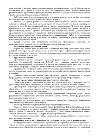 произведению (учебному, научно-познавательному, художественному тексту). Доказательство
собственной точки зрения с опорой на текст или собственный опыт. Использование норм
речевого этикета в условиях внеучебного общения. Знакомство с особенностями национального
этикета на основе фольклорных произведений.
Работа со словом (распознавать прямое и переносное значения слов, их многозначность),
целенаправленное пополнение активного словарного запаса.
Монолог как форма речевого высказывания. Монологическое речевое высказывание
небольшого объема с опорой на авторский текст, по предложенной теме или в виде (форме)
ответа на вопрос. Отражение основной мысли текста в высказывании. Передача содержания
прочитанного или прослушанного с учетом специфики научно-популярного, учебного и
художественного текста. Передача впечатлений (из повседневной жизни, художественного
произведения, изобразительного искусства) в рассказе (описание, рассуждение, повествование).
Самостоятельное построение плана собственного высказывания. Отбор и использование
выразительных средств языка (синонимы, антонимы, сравнение) с учетом особенностей
монологического высказывания.
Устное сочинение как продолжение прочитанного произведения, отдельных его
сюжетных линий, короткий рассказ по рисункам либо на заданную тему.
Письмо (культура письменной речи)
Нормы письменной речи: соответствие содержания заголовку (отражение темы, места
действия, характеров героев), использование в письменной речи выразительных средств языка
(синонимы, антонимы, сравнение) в мини-сочинениях (повествование, описание, рассуждение),
рассказ на заданную тему, отзыв.
Круг детского чтения
Произведения устного народного творчества разных народов России. Произведения
классиков отечественной литературы XIX–ХХ вв., классиков детской литературы,
произведения современной отечественной (с учетом многонационального характера России) и
зарубежной литературы, доступные для восприятия младших школьников.
Представленность разных видов книг: историческая, приключенческая, фантастическая,
научно-популярная, справочно-энциклопедическая литература; детские периодические издания
(по выбору).
Основные темы детского чтения: фольклор разных народов, произведения о Родине,
природе, детях, братьях наших меньших, добре и зле, юмористические произведения.
Литературоведческая пропедевтика (практическое освоение)
Нахождение в тексте, определение значения в художественной речи (с помощью учителя)
средств выразительности: синонимов, антонимов, эпитетов, сравнений, метафор, гипербол.
Ориентировка в литературных понятиях: художественное произведение, художественный
образ, искусство слова, автор (рассказчик), сюжет, тема; герой произведения: его портрет, речь,
поступки, мысли; отношение автора к герою.
Общее представление о композиционных особенностях построения разных видов
рассказывания: повествование (рассказ), описание (пейзаж, портрет, интерьер), рассуждение
(монолог героя, диалог героев).
Прозаическая и стихотворная речь: узнавание, различение, выделение особенностей
стихотворного произведения (ритм, рифма).
Фольклор и авторские художественные произведения (различение).
Жанровое разнообразие произведений. Малые фольклорные формы (колыбельные песни,
потешки, пословицы и поговорки, загадки) – узнавание, различение, определение основного
смысла. Сказки (о животных, бытовые, волшебные). Художественные особенности сказок:
лексика, построение (композиция). Литературная (авторская) сказка.
Рассказ, стихотворение, басня – общее представление о жанре, особенностях построения и
выразительных средствах.
Творческая деятельность обучающихся (на основе литературных произведений)
Интерпретация текста литературного произведения в творческой деятельности учащихся:
чтение по ролям, инсценирование, драматизация; устное словесное рисование, знакомство с
различными способами работы с деформированным текстом и использование их (установление
79
 