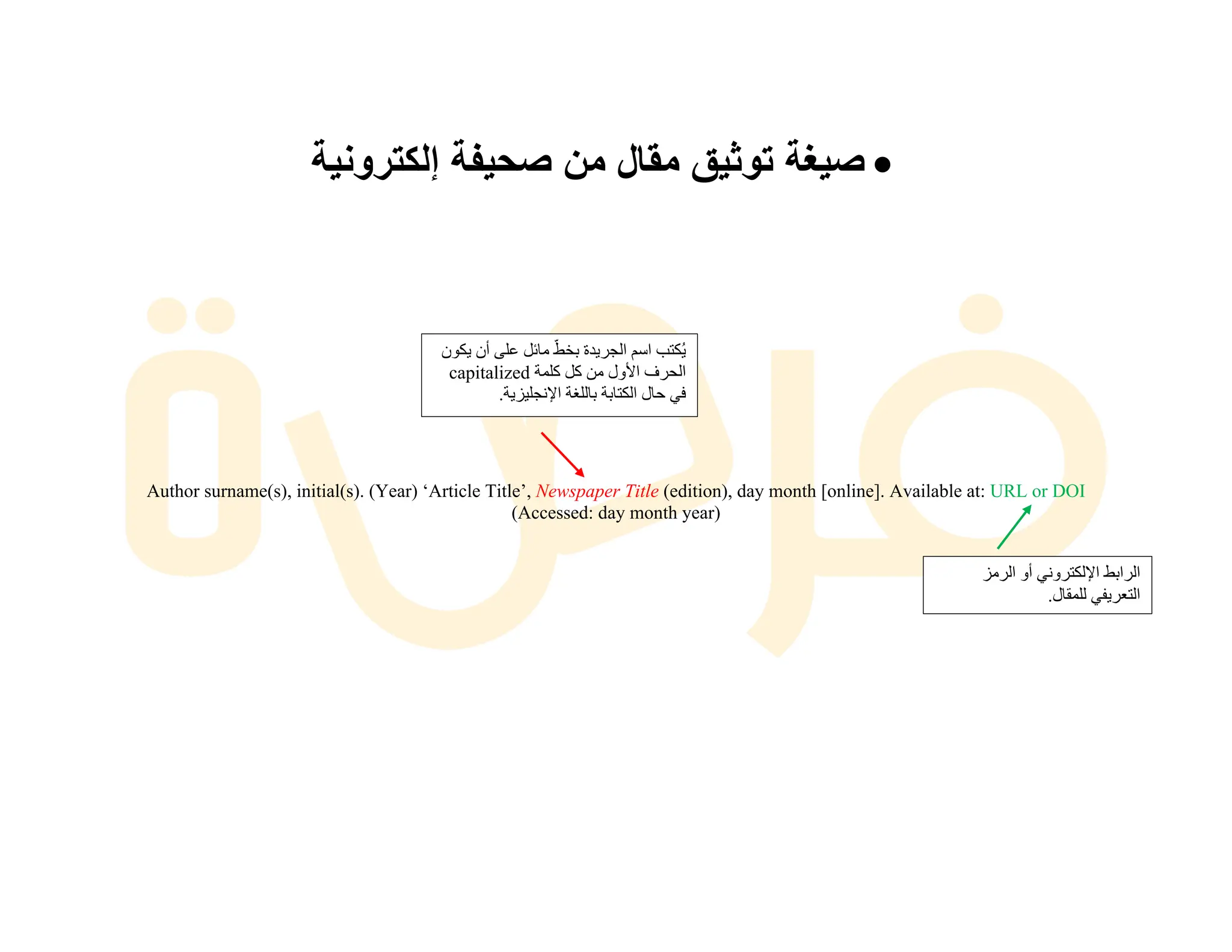 •
‫ﺻ‬
‫ﯾ‬
‫ﻐ‬
‫ﺔ‬
‫ﺗ‬
‫و‬
‫ﺛ‬
‫ﯾ‬
‫ق‬
‫ﻣ‬
‫ﻘ‬
‫ﺎ‬
‫ل‬
‫ﻣ‬
‫ن‬
‫ﺻ‬
‫ﺣ‬
‫ﯾ‬
‫ﻔ‬
‫ﺔ‬
‫إ‬
‫ﻟ‬
‫ﻛ‬
‫ﺗ‬
‫ر‬
‫و‬
‫ﻧ‬
‫ﯾ‬
‫ﺔ‬
Author surname(s), initial(s). (Year) ‘Article Title’, Newspaper Title (edition), day month [online]. Available at: URL or DOI
(Accessed: day month year)
‫ﯾ‬
ُ
‫ﻜ‬
‫ﺘ‬
‫ﺐ‬
‫ا‬
‫ﺳ‬
‫ﻢ‬
‫ا‬
‫ﻟ‬
‫ﺠ‬
‫ﺮ‬
‫ﯾ‬
‫ﺪ‬
‫ة‬
‫ﺑ‬
‫ﺨ‬
‫ﻂ‬
ّ
‫ﻣ‬
‫ﺎ‬
‫ﺋ‬
‫ﻞ‬
‫ﻋ‬
‫ﻠ‬
‫ﻰ‬
‫أ‬
‫ن‬
‫ﯾ‬
‫ﻜ‬
‫ﻮ‬
‫ن‬
‫ا‬
‫ﻟ‬
‫ﺤ‬
‫ﺮ‬
‫ف‬
‫ا‬
‫ﻷ‬
‫و‬
‫ل‬
‫ﻣ‬
‫ﻦ‬
‫ﻛ‬
‫ﻞ‬
‫ﻛ‬
‫ﻠ‬
‫ﻤ‬
‫ﺔ‬
capitalized
‫ﻓ‬
‫ﻲ‬
‫ﺣ‬
‫ﺎ‬
‫ل‬
‫ا‬
‫ﻟ‬
‫ﻜ‬
‫ﺘ‬
‫ﺎ‬
‫ﺑ‬
‫ﺔ‬
‫ﺑ‬
‫ﺎ‬
‫ﻟ‬
‫ﻠ‬
‫ﻐ‬
‫ﺔ‬
‫ا‬
‫ﻹ‬
‫ﻧ‬
‫ﺠ‬
‫ﻠ‬
‫ﯿ‬
‫ﺰ‬
‫ﯾ‬
‫ﺔ‬
.
‫ا‬
‫ﻟ‬
‫ﺮ‬
‫ا‬
‫ﺑ‬
‫ﻂ‬
‫ا‬
‫ﻹ‬
‫ﻟ‬
‫ﻜ‬
‫ﺘ‬
‫ﺮ‬
‫و‬
‫ﻧ‬
‫ﻲ‬
‫أ‬
‫و‬
‫ا‬
‫ﻟ‬
‫ﺮ‬
‫ﻣ‬
‫ﺰ‬
‫ا‬
‫ﻟ‬
‫ﺘ‬
‫ﻌ‬
‫ﺮ‬
‫ﯾ‬
‫ﻔ‬
‫ﻲ‬
‫ﻟ‬
‫ﻠ‬
‫ﻤ‬
‫ﻘ‬
‫ﺎ‬
‫ل‬
.
 