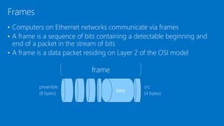 • Computers on Ethernet networks communicate via frames
• A frame is a sequence of bits containing a detectable beginning and
end of a packet in the stream of bits
• A frame is a data packet residing on Layer 2 of the OSI model
Frames
frame
crc
(4 bytes)
preamble
(8 bytes)
 